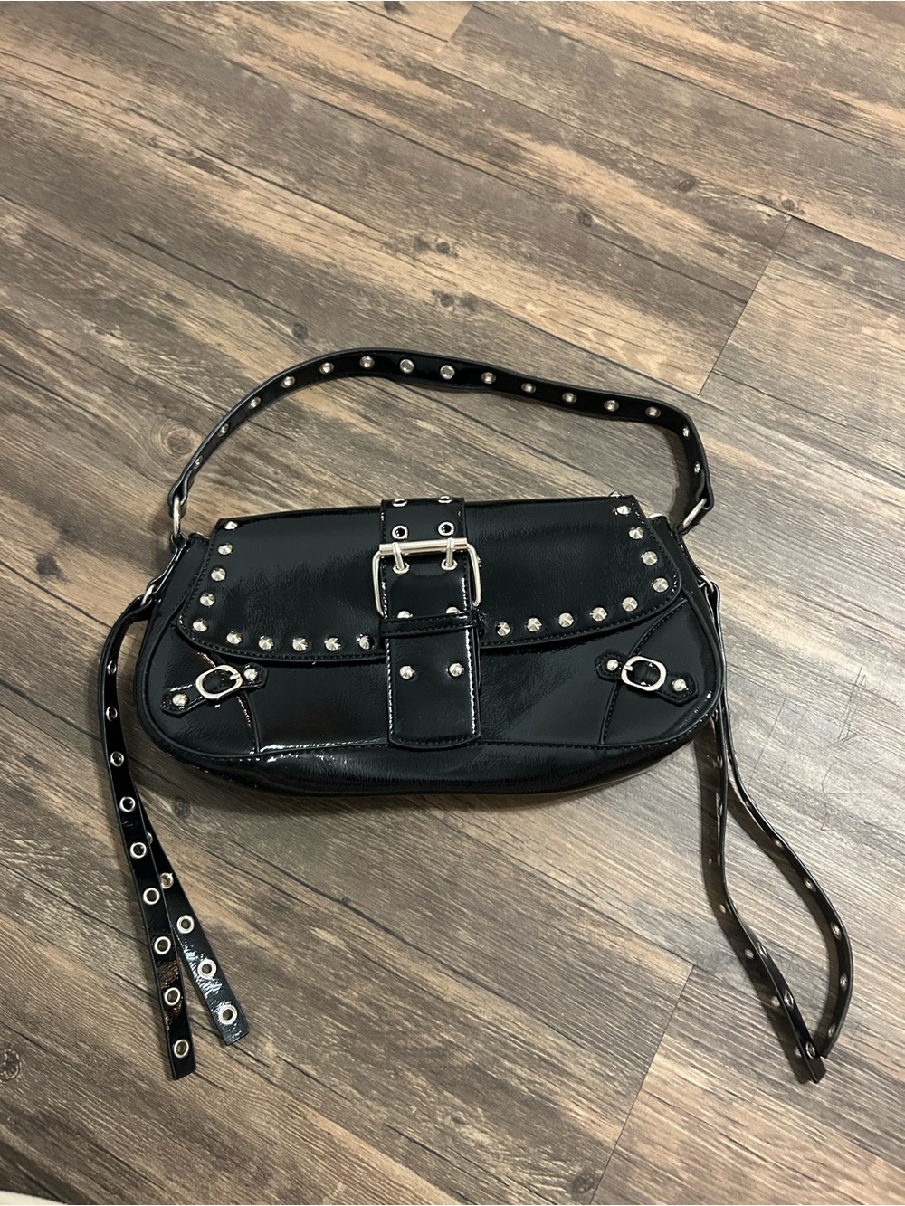 Amazon Black Patent Shoulder Bag with Silver Studs